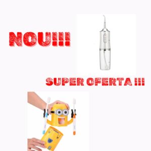 Set: Irigator oral pentru dus bucal, rezervor 200 ml + Dozator pasta de dinti pentru copii, in forma de Minion