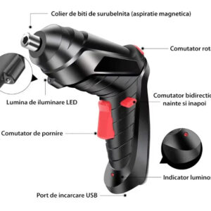 Set surubelnita electrica fara fir, 47 accesorii, Baterie reincarcabila cu litiu de 3.6V