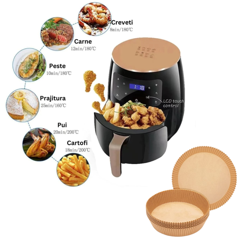 Pachet Promotional Friteuza cu aer cald + set 100 hartii de copt, unica folosinta